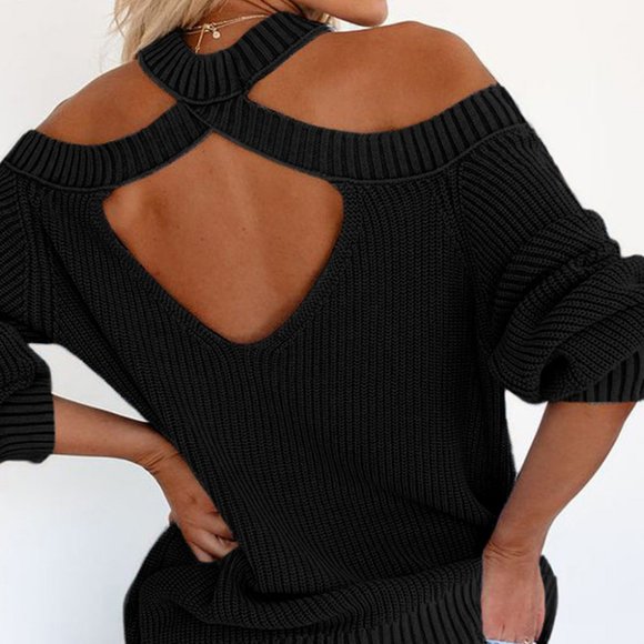 new Black Cold Shoulder Knit Pullover Sweater L - Picture 3 of 9